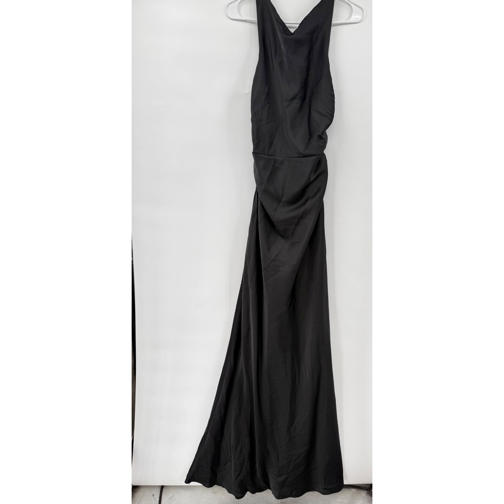 Azazie Size C Maxi Formal Gown Womens Black Draped V-Neck Cross Back Dress